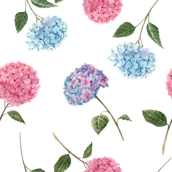 Magnifique motif sans couture avec des fleurs d'hortensia aquarelle. Illustration. Fond floral . — Photo
