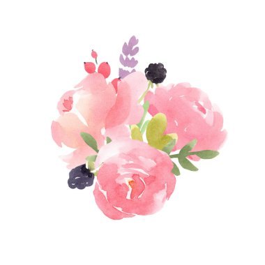 Beautiful bouquet composition with watercolor pink abstract flowers, leaves and berries. Stock illustration.