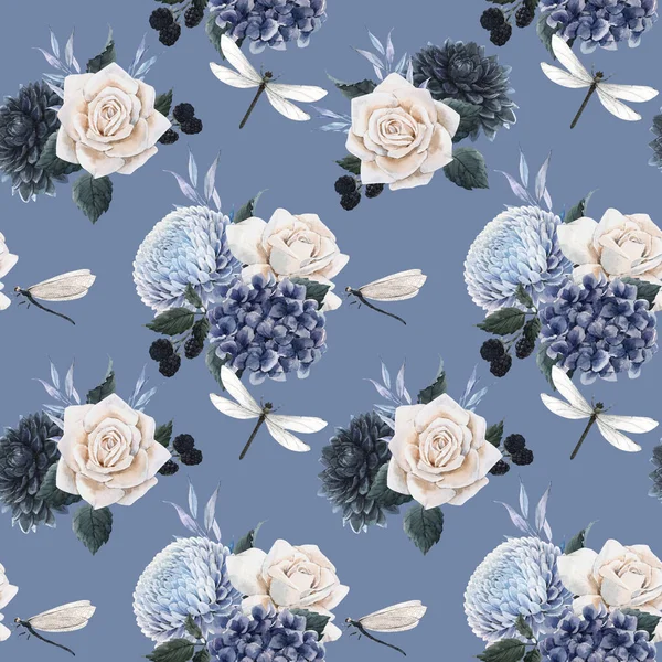 Beautiful seamless floral pattern with watercolor blue flowers, white roses and dragonflies . Stock illustration. — ストック写真