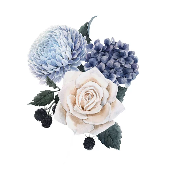Beautiful bouquet composition with watercolor blue hydrengea and dahlia flowers, white roses and blackberry. Stock illustration. — Stockfoto