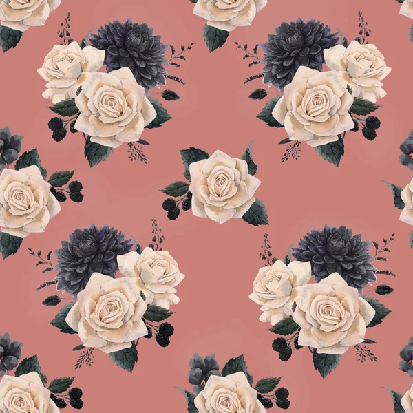 Vackert sömlöst blommönster med akvarellblå blommor och vita rosor. Lagerillustration. — Stockfoto