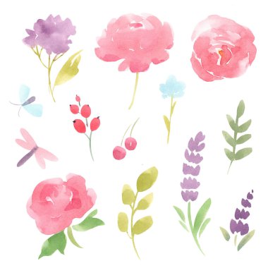 Beautiful set with watercolor pink, blue, purple abstract flowers, leaves and berries. Stock illustration.