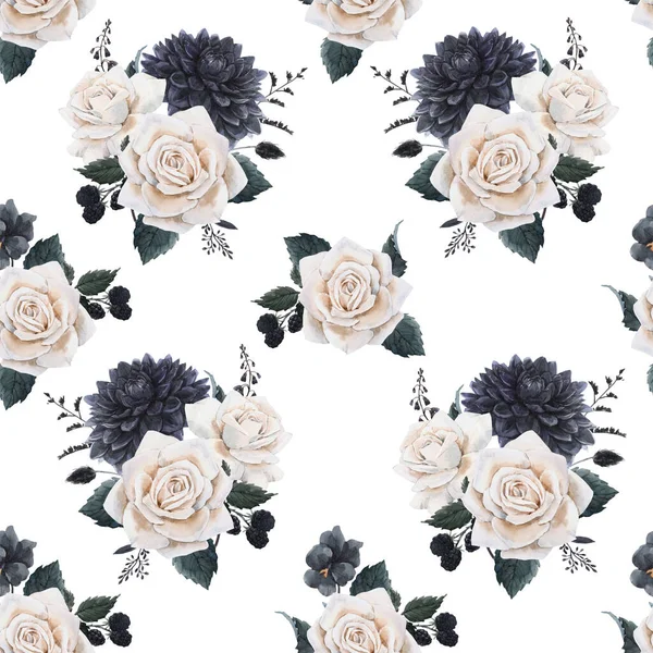Beautiful seamless floral pattern with watercolor blue flowers and white roses. Stock illustration. — Stock Photo, Image
