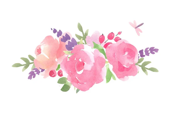 Beautiful bouquet composition with watercolor pink abstract flowers, leaves and berries. Stock illustration. — Stockfoto