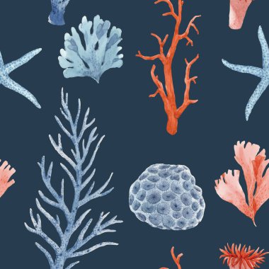 Su altında suluboya deniz yaşamına sahip kusursuz bir desen. Stok illüstrasyonu.