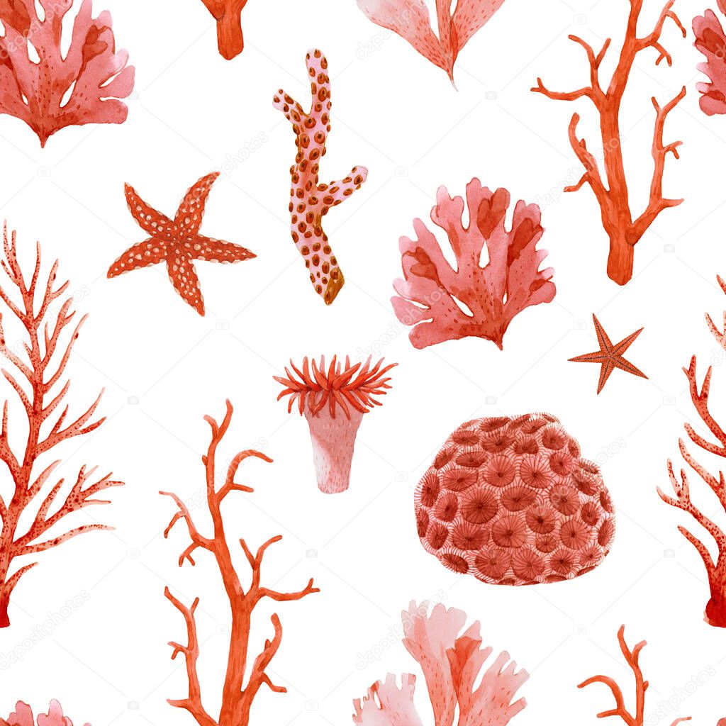 Beautiful seamless pattern with underwater watercolor sea life. Stock illustration.