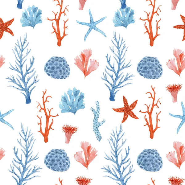Beautiful seamless pattern with underwater watercolor sea life. Stock illustration. — Stockfoto