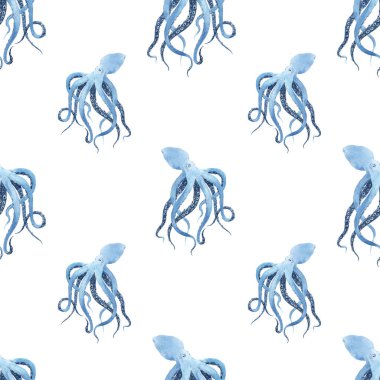 Suluboya ahtapot desenli, kusursuz su altı deseni. Stok illüstrasyonu.