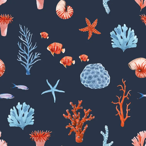 Beautiful seamless pattern with underwater watercolor sea life. Stock illustration. — Stockfoto