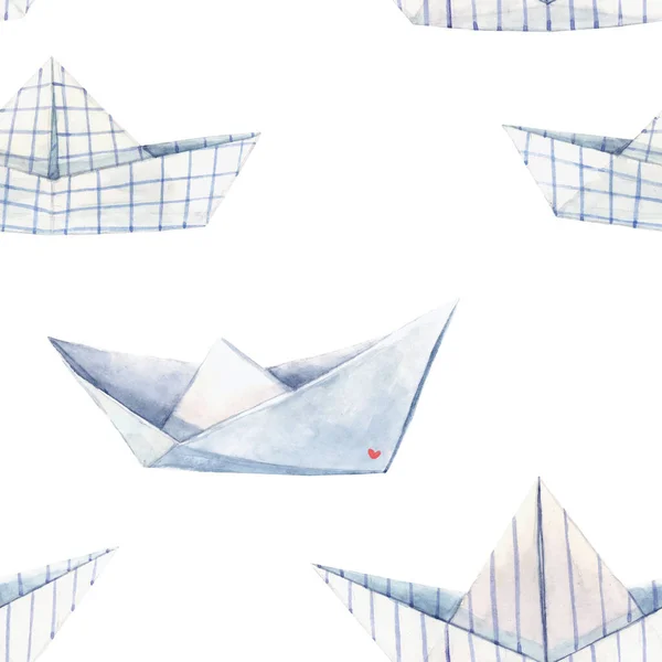 Beautiful seamless pattern with watercolor paper boats. Stock illustration. — Stock Photo, Image