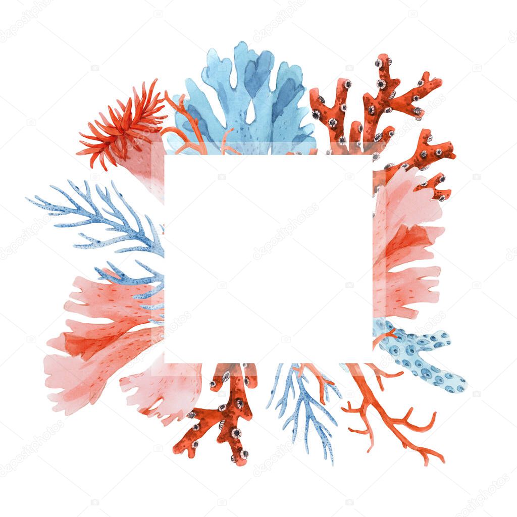 Beautiful watercolor frame with underwater corals. Sea life stock illustration.
