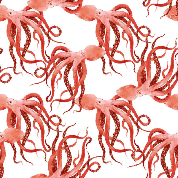 Beautiful vector seamless underwater pattern with watercolor octopus. Stock illustration.