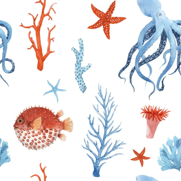 Бесшумный узор с подводной акварелью морской жизни. Иллюстрация . — стоковый вектор