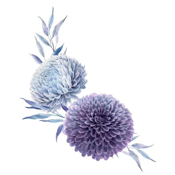 水彩ブルーと紫のダリアの花と美しいベクトル花束組成。ストックイラスト. — ストックベクタ