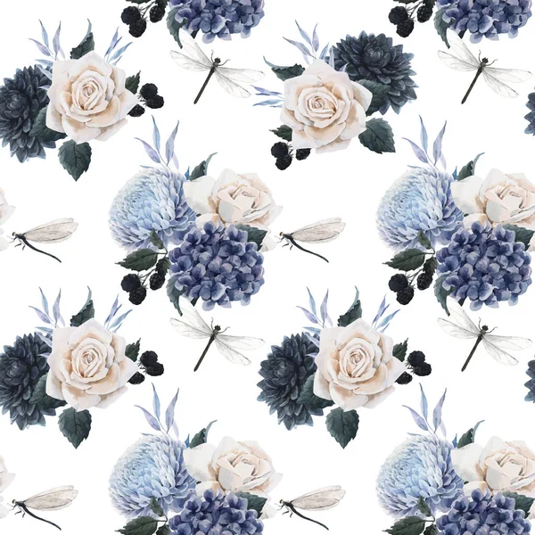 Hermoso vector patrón floral sin costuras con acuarela flores azules, rosas blancas y libélulas. Ilustración general . — Vector de stock