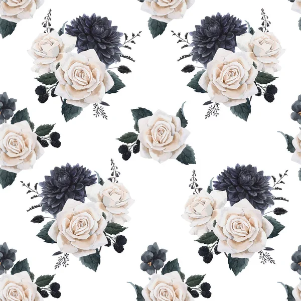 Mooie vector naadloze bloemmotief met aquarel blauwe bloemen en witte rozen. Voorraadillustratie. — Stockvector