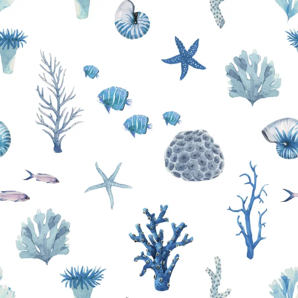 Magnifique motif vectoriel sans couture avec vie marine aquarelle sous-marine. Illustration de stock . — Image vectorielle