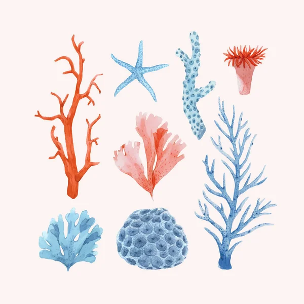 Vacker vektor set med undervattens akvarell havet liv stock illustrationer. — Stock vektor