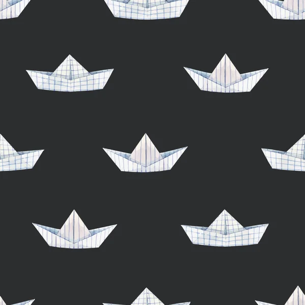 Vacker vektor sömlöst mönster med akvarellpapper båtar. Lagerillustration. — Stock vektor