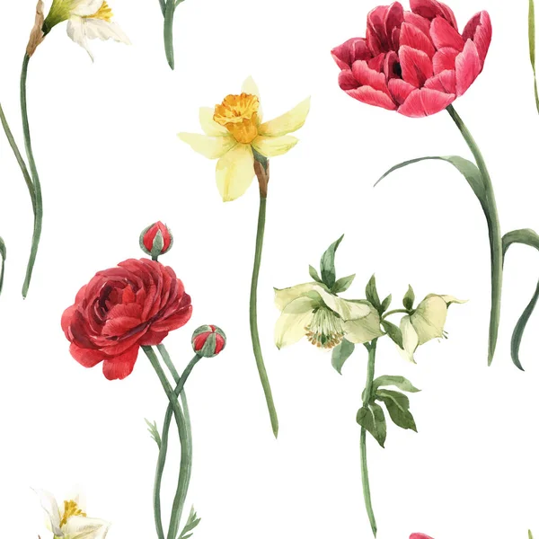 Bellissimo motivo floreale estate senza soluzione di continuità con acquerello fiori rossi e gialli. Illustrazione delle scorte . — Foto Stock