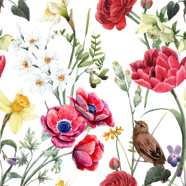 Beautiful floral summer seamless pattern with watercolor red and yellow flowers. Stock illustration. — Stock Photo, Image