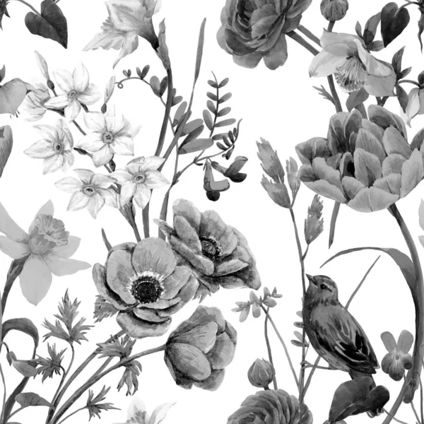 Mooie bloemenzomer naadloos patroon met aquarelbloemen. Zwart-wit monochrome afbeelding van de voorraad. — Stockfoto