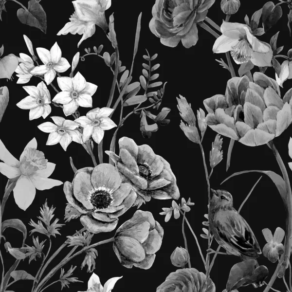 Beautiful floral summer seamless pattern with watercolor flowers. Black and white monochrome stock illustration. — Stock Photo, Image