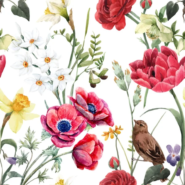 Όμορφο διάνυσμα floral καλοκαίρι απρόσκοπτη μοτίβο με ακουαρέλα κόκκινα και κίτρινα λουλούδια. Εικονογράφηση αποθέματος. — Διανυσματικό Αρχείο