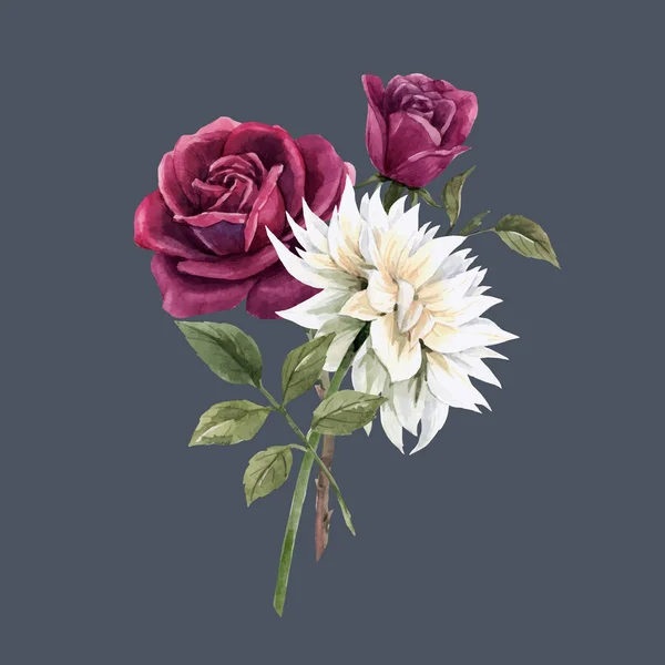Красивий векторний акварельний квітковий букет з червоною трояндою та білими квітами хризантем. Стокова ілюстрація . — стоковий вектор