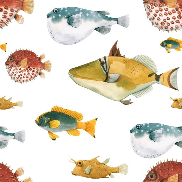 Schöne nahtlose Muster mit Aquarellfischen. Archivbild. — Stockfoto