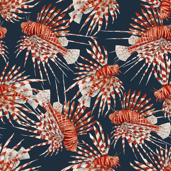 Vackert sömlöst mönster med akvarell röd lejonfisk. Lagerillustration. — Stockfoto
