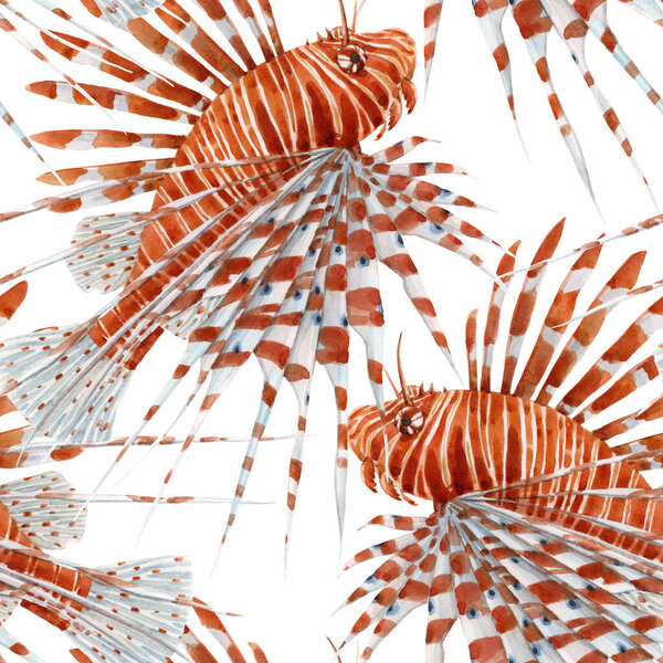 Beautiful seamless pattern with watercolor red lionfish. Stock illustration.