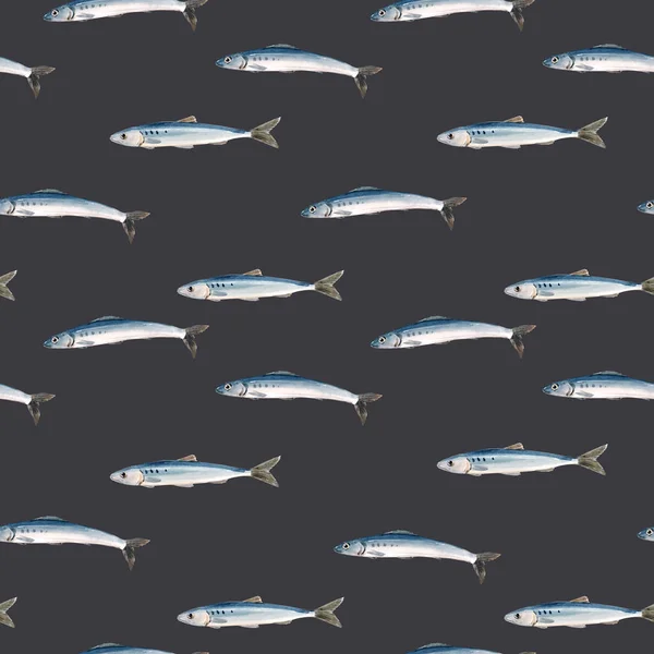 Beautiful seamless pattern with watercolor herring fish. Stock illustration. — Stock Photo, Image