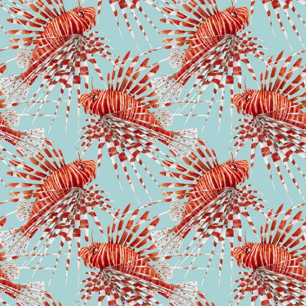 Mooi naadloos patroon met aquarelrode leeuwenvis. Voorraadillustratie. — Stockfoto
