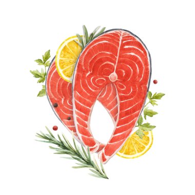 Lezzetli kırmızı somon balığı bifteği ve sulu boya ile güzel bir stok çizimi. sağlıklı yiyecekler.