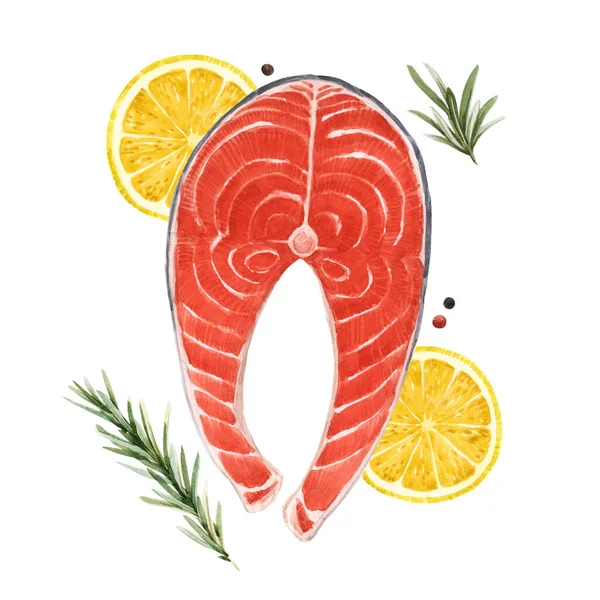 Bela ilustração estoque com aquarela saboroso peixe de salmão vermelho bife. alimentos saudáveis . — Fotografia de Stock