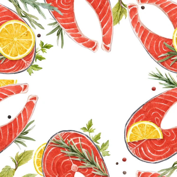 Hermosa ilustración de stock con acuarela sabroso marco de filete de salmón rojo pescado. alimentos saludables . — Foto de Stock
