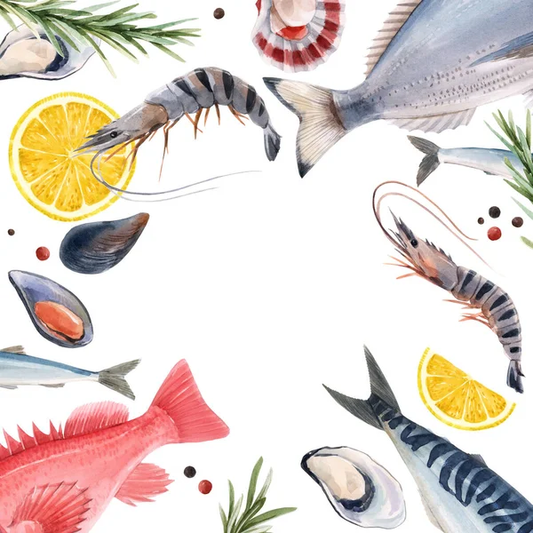 Όμορφο πλαίσιο με ακουαρέλα ζωγραφισμένο στο χέρι ψάρι και θαλάσσια ζωή. Εικονογράφηση αποθέματος. — Φωτογραφία Αρχείου