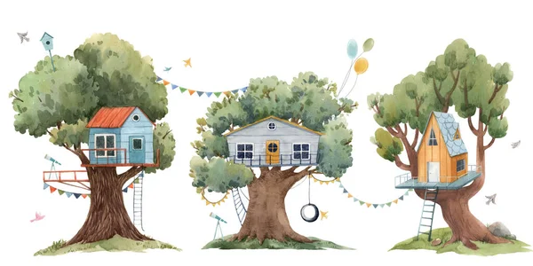 Bel ensemble avec trois mignons enfants aquarelle maisons d'arbres. Illustration de stock . — Photo