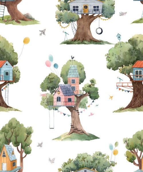 かわいい水彩の子供の木の家と美しいシームレスなパターン。ストックイラスト. — ストック写真