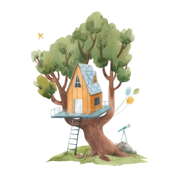Belle illustration de stock affiche avec mignon aquarelle enfants arbres maisons . — Photo