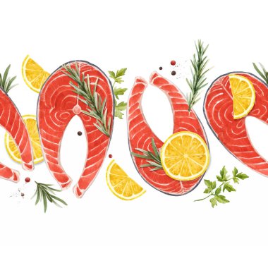 Suluboya kırmızı somon balığı bifteği ve limonlu harika bir vektör deseni var. Stock Illustration 'da. Sağlıklı yemek..