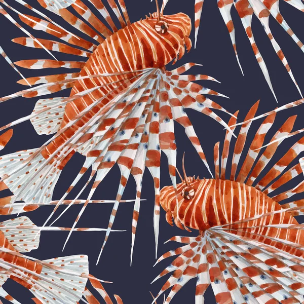 Beautiful vector seamless pattern with watercolor red lionfish. Stock illustration. — Stock Vector