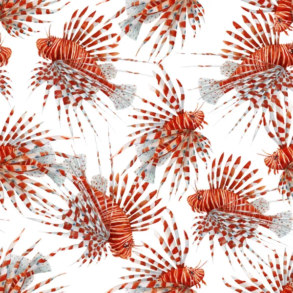 Beautiful vector seamless pattern with watercolor red lionfish. Stock illustration. — Stock Vector