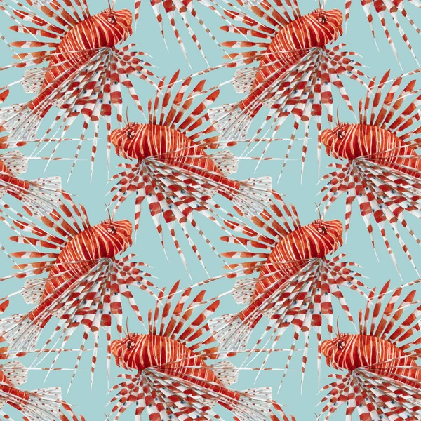 Beautiful vector seamless pattern with watercolor red lionfish. Stock illustration. — Stock Vector