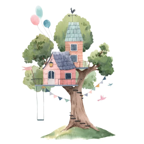 Belle illustration de stock affiche avec mignon aquarelle enfants arbres maisons . — Photo