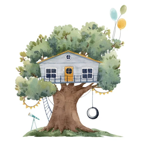 Belle illustration de stock affiche avec mignon aquarelle enfants arbres maisons . — Photo