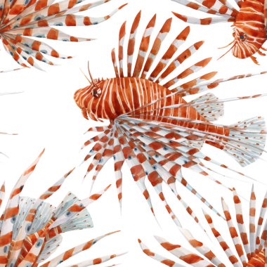 Beautiful vector seamless pattern with watercolor red lionfish. Stock illustration. clipart