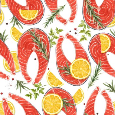 Suluboya kırmızı somon balığı bifteği ve limonlu harika bir vektör deseni var. Stock Illustration 'da. Sağlıklı yemek..