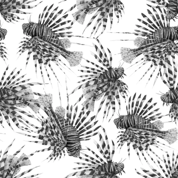 Magnifique motif vectoriel sans couture avec l'aquarelle lionfish rouge. Illustration de stock . — Image vectorielle
